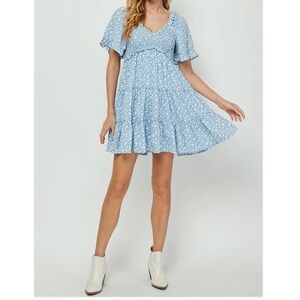 YURA LIGHT BLUE DITSY FLORAL BABYDOLL DRESS